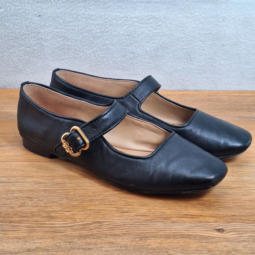 Sam Edelman Michaela Women's 7.5 Mary Jane Flats Black Leather Gold Buckle